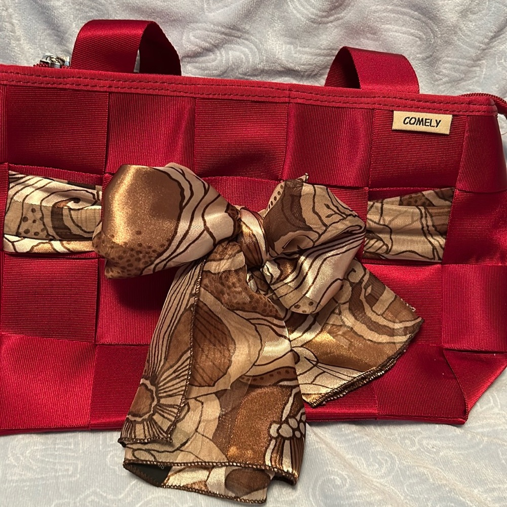COMELY Red on Red Seatbelt Purse with Brown Scarf Bow Accent